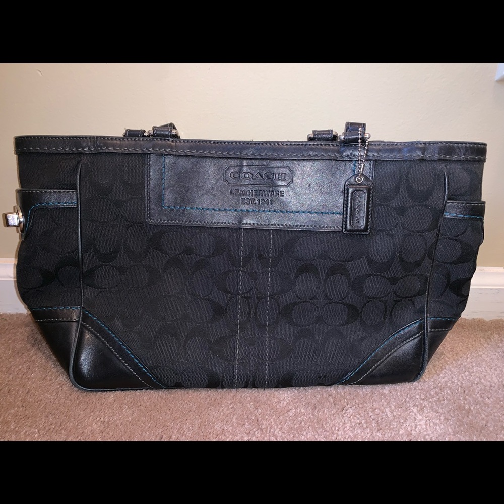 Black Coach Purse with aqua stitching